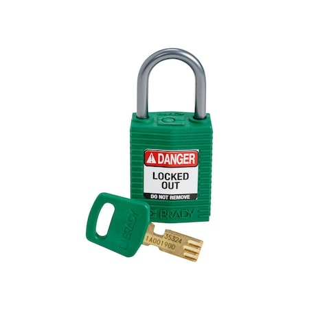 Brady Compact SafeKey Key Retaining Nylon Padlock 1 in Aluminum Shackle KD Green 1PK CPT-GRN-25AL-KD